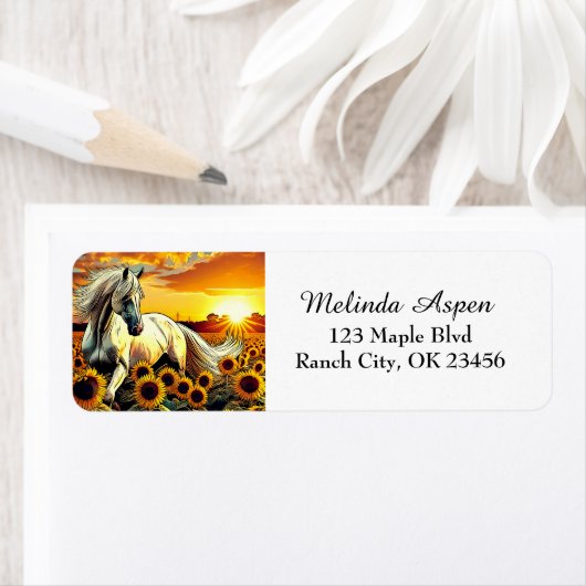 Het witte paard in het veld van zonnebloemen bij z etiket (Insitu)