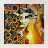 Het witte paard in het veld van zonnebloemen bij z legpuzzel (Horizontaal)