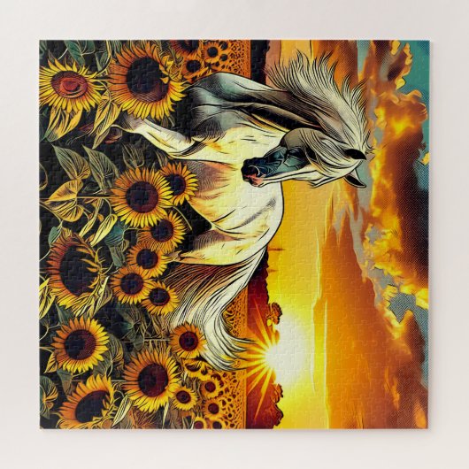 Het witte paard in het veld van zonnebloemen bij z legpuzzel (Horizontaal)