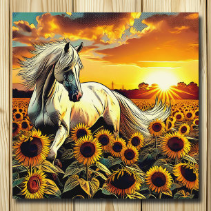 Het witte paard in het veld van zonnebloemen bij z poster