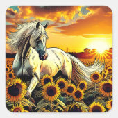 Het witte paard in het veld van zonnebloemen bij z vierkante sticker (Voorkant)