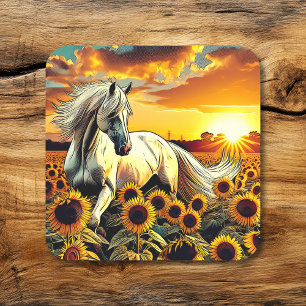 Het witte paard in het veld van zonnebloemen bij z vierkante sticker