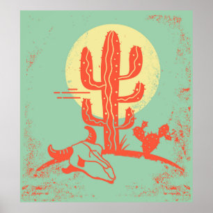 Het woestijnlandschap met Cactuses en de koe sched Poster