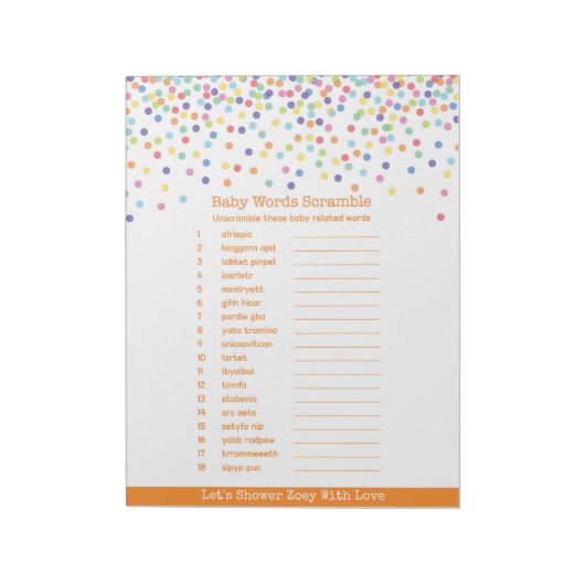 Het Woord Scramble Confetti Baby shower Game Notitieblok (Linkerzijde)