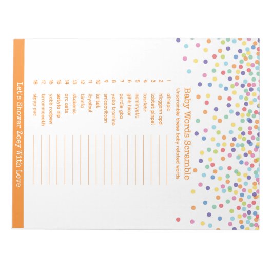 Het Woord Scramble Confetti Baby shower Game Notitieblok (Voorkant)