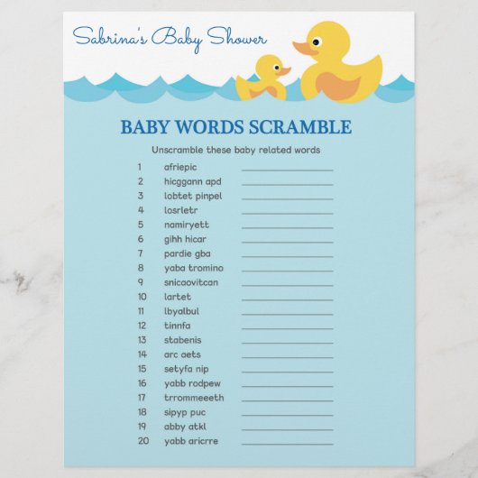 Het Woord Scramble Rubber Duck Baby shower Game (Voorkant)