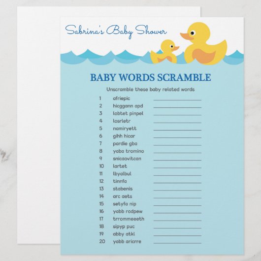 Het Woord Scramble Rubber Duck Baby shower Game (Voorkant / Achterkant)