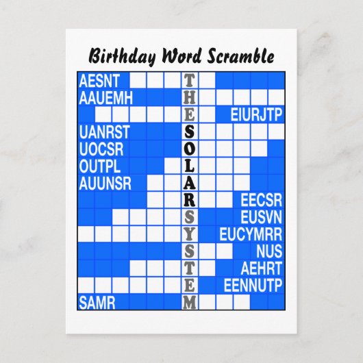 Het woord scramble van het zonnestelsel briefkaart (Voorkant)