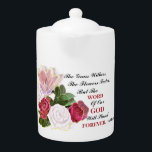 Het Woord van God zal eeuwig duren Theepot<br><div class="desc">Mooie Christelijk inspirerend porseleinen theepot met bedrukt afbeelding van een schilderij van mooie rode en witte rozen. Deze theepot heeft de Schrift van Jesaja 40:8. "Het gras overwintert,  bloemen zullen vervagen,  maar het woord van God zal voor altijd blijven staan.</div>
