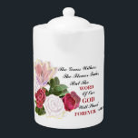 Het Woord van God zal eeuwig duren Theepot<br><div class="desc">Mooie Christelijk inspirerend porseleinen theepot met bedrukt afbeelding van een schilderij van mooie rode en witte rozen. Deze theepot heeft de Schrift van Jesaja 40:8. "Het gras overwintert,  bloemen zullen vervagen,  maar het woord van God zal voor altijd blijven staan.</div>