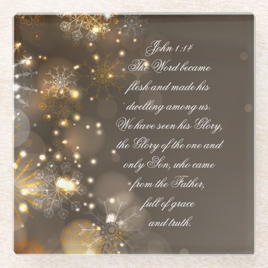 Het woord werd vlees bijbel vers, Johannes 1:14 Glazen Onderzetter (Voorkant)