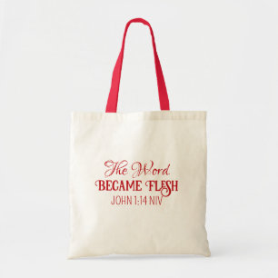 Het Woord werd vlees Kerstmis Bijbel vers rood Tote Bag
