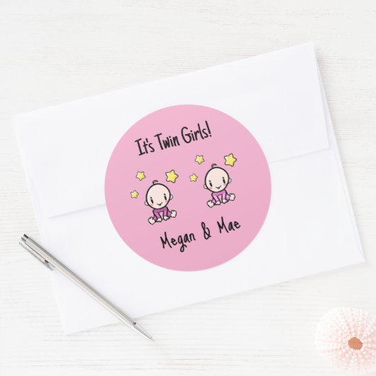 Het zijn tweeling meisjes!, Roze, Persoonlijke twe Ronde Sticker (Envelop)