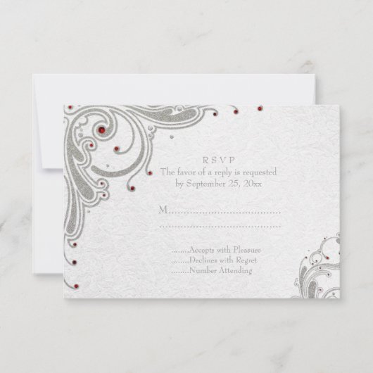 Het zilver schittert wervelingen + rood RSVP kaartje (Voorkant)