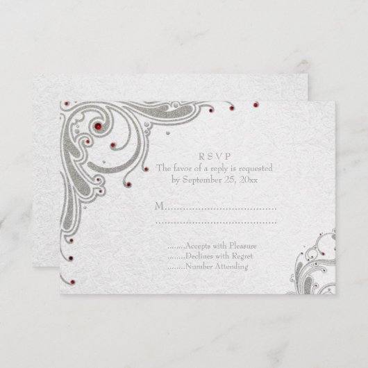 Het zilver schittert wervelingen + rood RSVP kaartje (Voorkant / Achterkant)