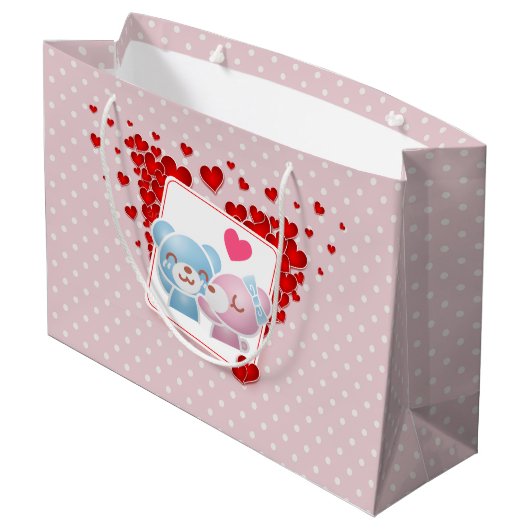 Het zoenen Beren met Harten op een Polka Dot Patte Groot Cadeauzakje (Achterkant Gekanteld)