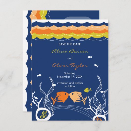 Het zoenen viskoraal Zee strand bewaart de datum Aankondigingskaart (Voorkant / Achterkant)