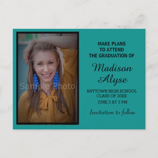 Het zwarte Blauwgroen Afstuderen van de Foto spare Aankondigingskaart (Voorkant)