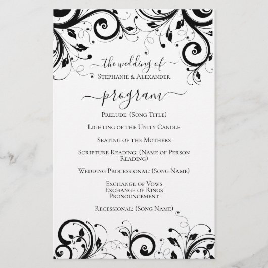 Het zwarte en Witte Festive Swirl Wedding Programm (Voorkant)
