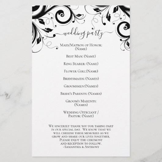 Het zwarte en Witte Festive Swirl Wedding Programm (Achterkant)