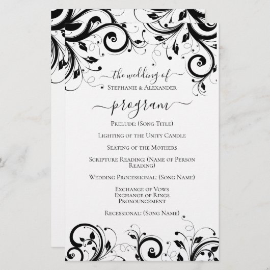 Het zwarte en Witte Festive Swirl Wedding Programm (Voorkant / Achterkant)