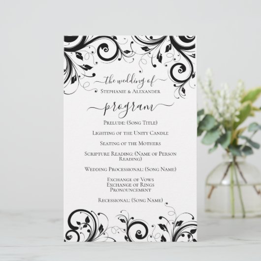 Het zwarte en Witte Festive Swirl Wedding Programm (Staand voorkant)