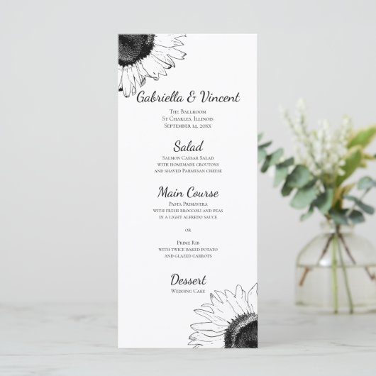 Het zwarte en Witte Zonnebloemen Weddenschap Menu (Staand voorkant)