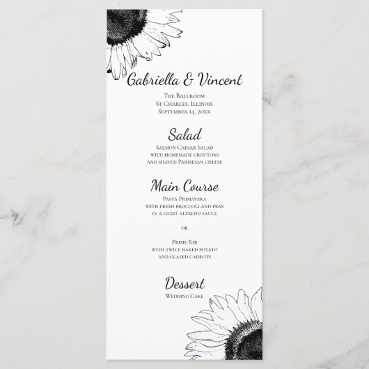 Het zwarte en Witte Zonnebloemen Weddenschap Menu (Voorkant)