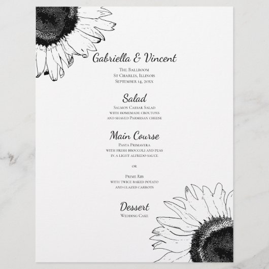 Het zwarte en Witte Zonnebloemen Weddenschap Menu (Voorkant)