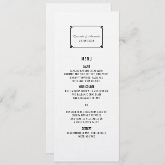 Het zwarte Menu van het Huwelijk van Deco Elegante (Voorkant / Achterkant)