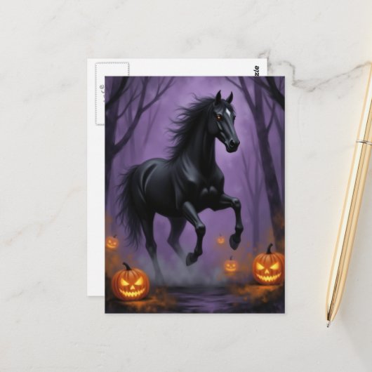 Het zwarte paard in het Halloween bos Briefkaart (Voorkant / Achterkant in situ)