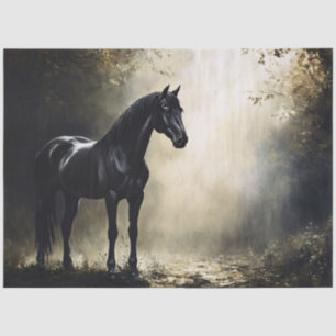 Het zwarte paard in het nevelige herfstbos tissuepapier