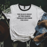 Het zwarte schaap wordt de geit t-shirt<br><div class="desc">Maak een gedurfde uitspraak met het T-shirt "Black Sheep Becomes The Goat". Perfect voor iedereen die er trots op is om zich te onderscheiden van de menigte, dit geestige ontwerp belicht op humoristische wijze de reis van het zijn van het "zwarte schaap" naar het worden van de "GEIT" (Grootste aller...</div>