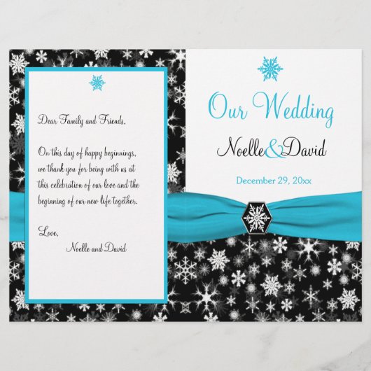 Het zwarte, Witte, Aqua Snowflakes Wedding Program (Voorkant)