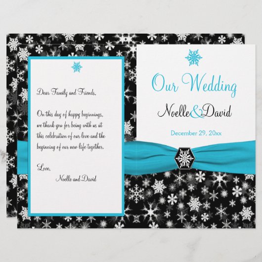 Het zwarte, Witte, Aqua Snowflakes Wedding Program (Voorkant / Achterkant)