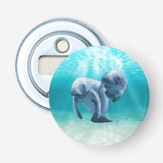 Het Zwemmen twee Manatees Button Flesopener (Voorkant)