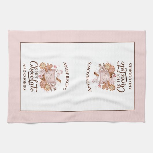 Hete Chocolade Roze Kerstmis Naam Keukenhanddoek (Horizontaal)