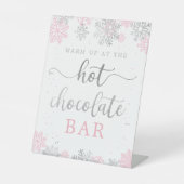Hete Chocolade Roze Zilver Winter Sneeuwvlokken Reclamebord Met Voetstuk (Voorkant)