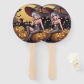 Hete Heks in Halloween Pompoenenveld Handwaaier (Voorkant en achterkant)