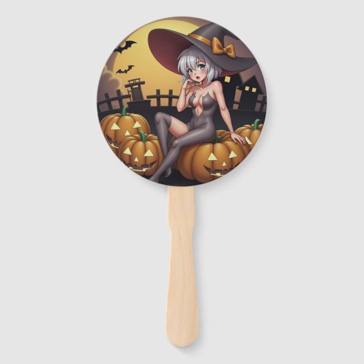Hete Heks in Halloween Pompoenenveld Handwaaier (Voorkant)