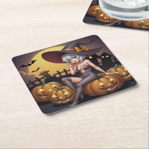 Hete Heks in Halloween Pompoenenveld Kartonnen Onderzetters