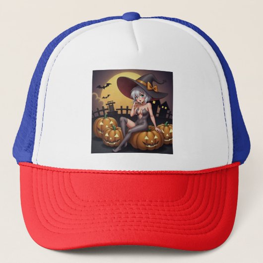 Hete Heks in Halloween Pompoenenveld Trucker Pet (Voorkant)