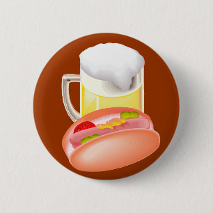 Hete hond op een bun en bier met alle fixin's ronde button 5,7 cm
