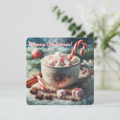 Hete koffiekop met marshmallows - rode snoepriet feestdagenkaart (Staand voorkant)