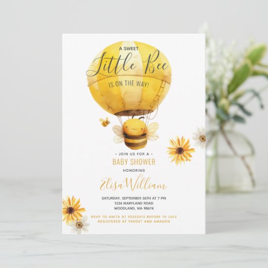 Hete lucht Ballon Bee is op de Weg Baby shower Kaart (Staand voorkant)