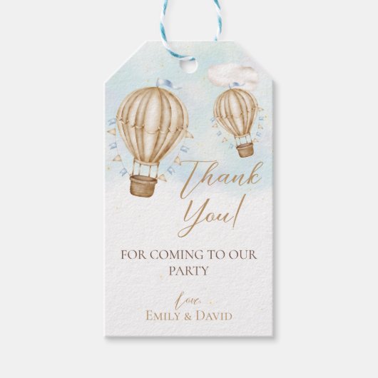 Hete lucht bruine ballonnen blauwe vlaggen wolken  cadeaulabel (Voorkant)