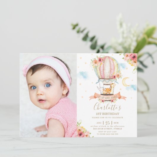 Hete Luchtballon 1e Verjaardag Oerwoud Dieren Foto Kaart (Staand voorkant)