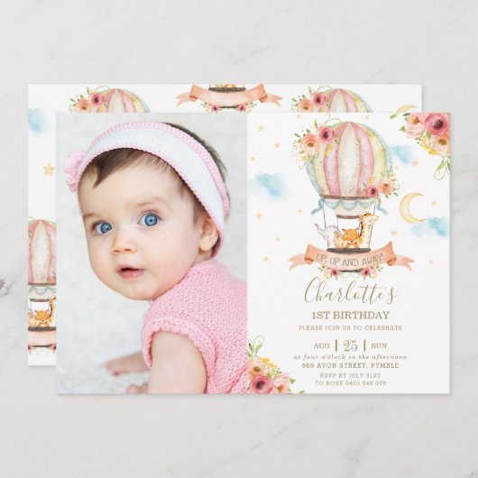 Hete Luchtballon 1e Verjaardag Oerwoud Dieren Foto Kaart (Voorkant / Achterkant)