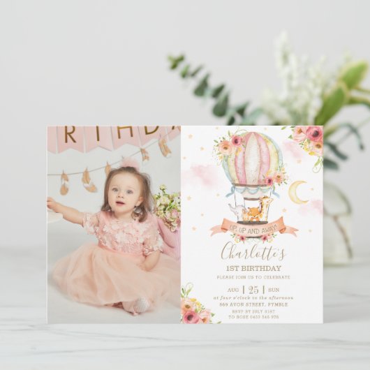 Hete Luchtballon 1e Verjaardag Oerwoud Dieren Foto Kaart (Staand voorkant)