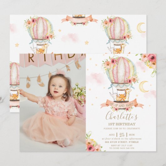 Hete Luchtballon 1e Verjaardag Oerwoud Dieren Foto Kaart (Voorkant / Achterkant)